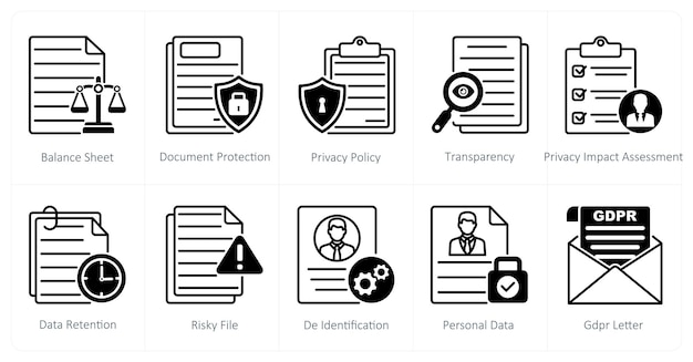 Un conjunto de 10 iconos de GDPR como política de protección de la privacidad de los documentos de balance