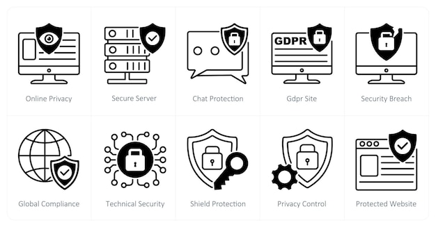 Un conjunto de 10 iconos de GDPR como protección de chat de servidor seguro de privacidad en línea