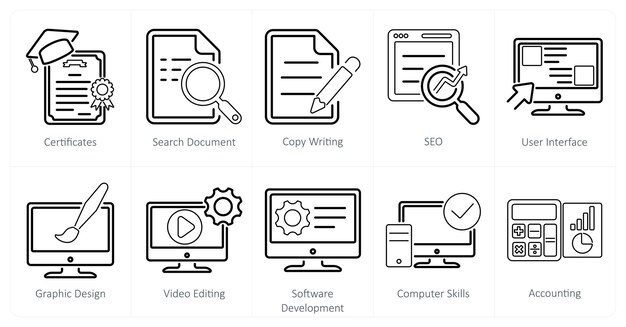 Un conjunto de 10 íconos de habilidades duras como certificados de búsqueda de documentos de escritura de copia