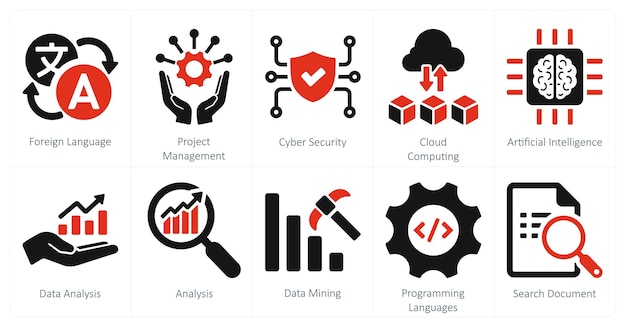 Un conjunto de 10 íconos de habilidades duras como gestión de proyectos de lengua extranjera ciberseguridad