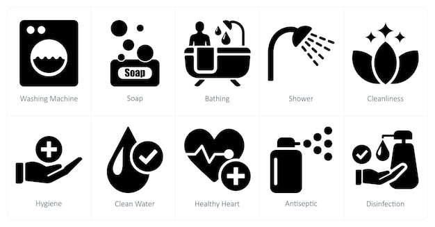 Un conjunto de 10 iconos de higiene como bañarse con jabón en la lavadora