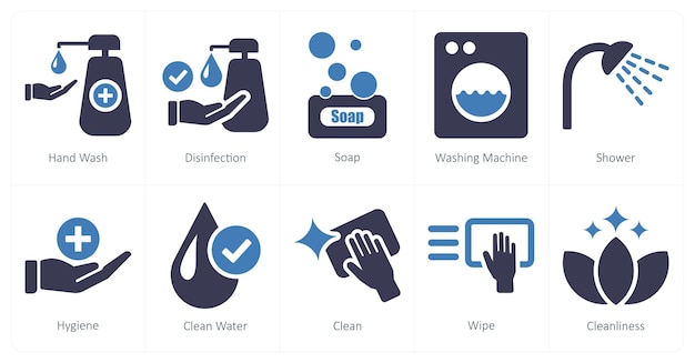 Un conjunto de 10 iconos de higiene como jabón de desinfección para el lavado de manos