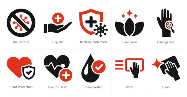 Un conjunto de 10 íconos de higiene como ninguna bacteria higiene protección contra las bacterias