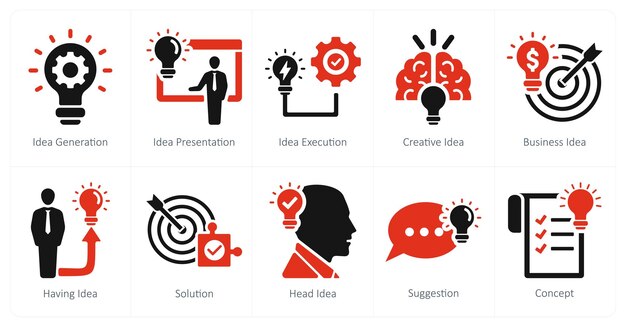 Un conjunto de 10 íconos de idea como generación de idea presentación de idea ejecución