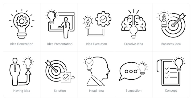 Un conjunto de 10 íconos de idea como generación de idea presentación de idea ejecución