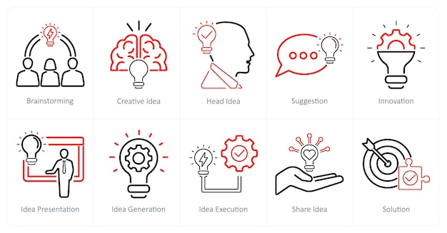 Un conjunto de 10 iconos de ideas como tormenta de ideas creativas cabeza idea