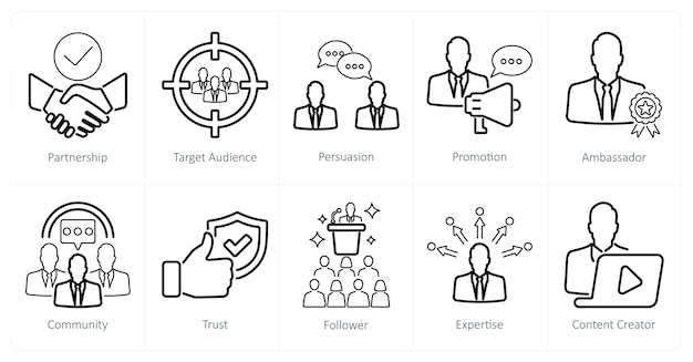 Un conjunto de 10 iconos de influencers como asociación para persuadir al público objetivo