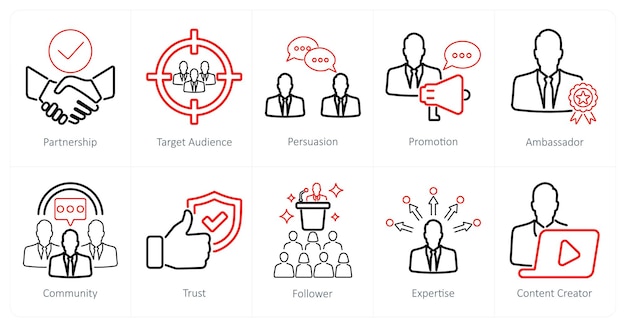 Un conjunto de 10 iconos de influencers como asociación para persuadir al público objetivo