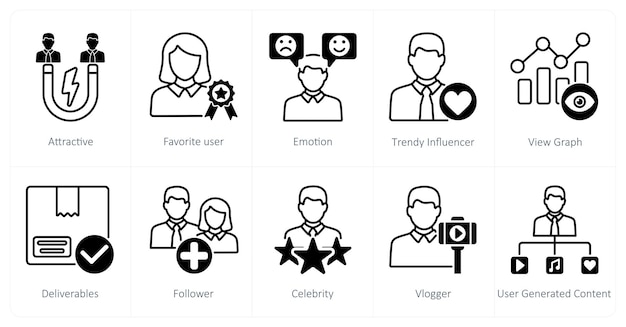 Un conjunto de 10 iconos de influencers como emoción de usuario favorita atractiva