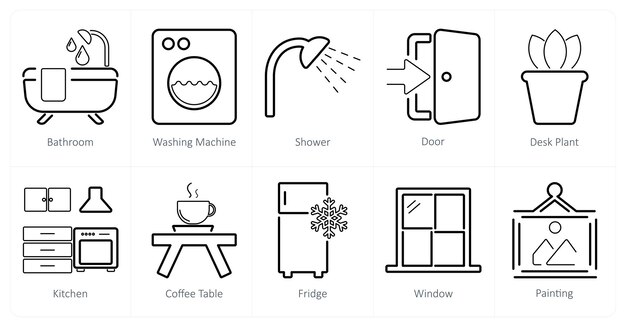 Un conjunto de 10 iconos de interiores para el hogar como la ducha de la máquina de lavar del baño
