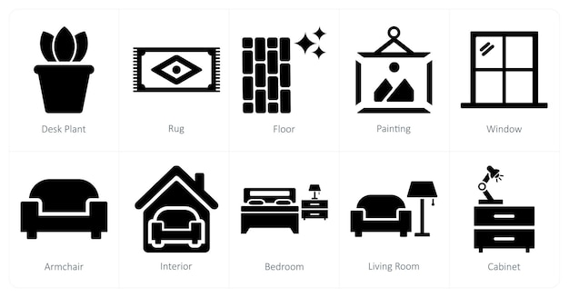 Un conjunto de 10 iconos de interiores para el hogar como piso de alfombra de planta de escritorio