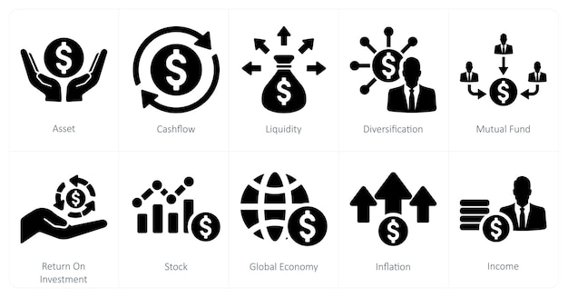 Un conjunto de 10 iconos de inversión como liquidez de flujo de caja de activos