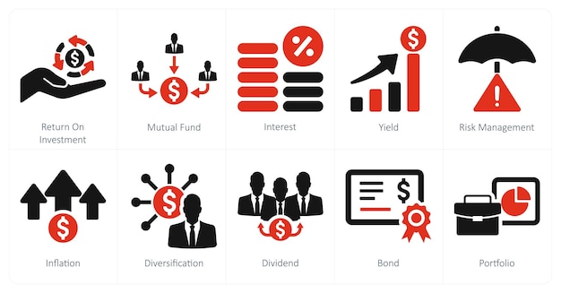 Un conjunto de 10 iconos de inversión como rendimiento de los intereses de los fondos mutuos de inversión
