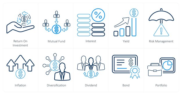 Un conjunto de 10 iconos de inversión como rendimiento de los intereses de los fondos mutuos de inversión