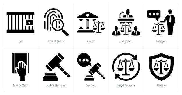 Un conjunto de 10 íconos de la justicia como tribunal de investigación de la cárcel