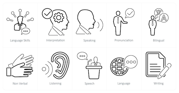 Un conjunto de 10 íconos de lenguaje como habilidades lingüísticas de interpretación de habla