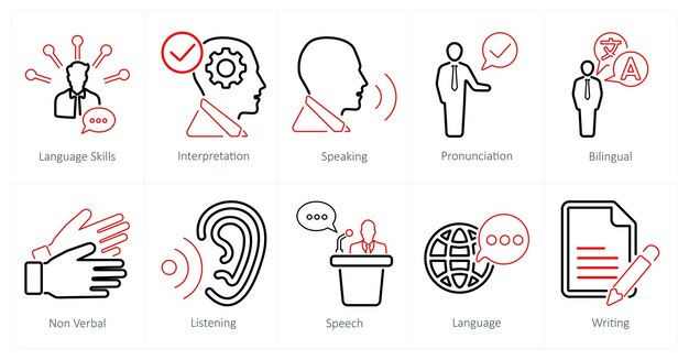 Un conjunto de 10 íconos de lenguaje como habilidades lingüísticas de interpretación de habla