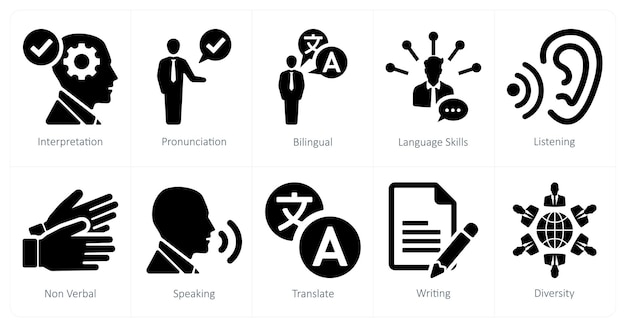 Un conjunto de 10 iconos de lenguaje como interpretación de pronunciación bilingüe