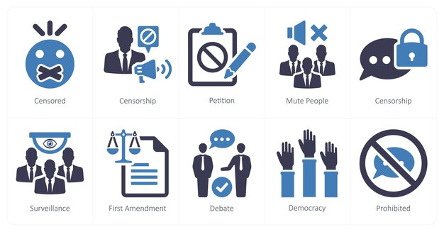 Un conjunto de 10 iconos de la libertad de expresión como una petición de censura censurada