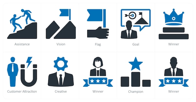 Un conjunto de 10 iconos de liderazgo como bandera de visión de asistencia