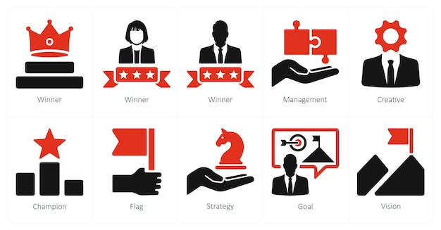 Un conjunto de 10 íconos de liderazgo como creativo de gestión ganador