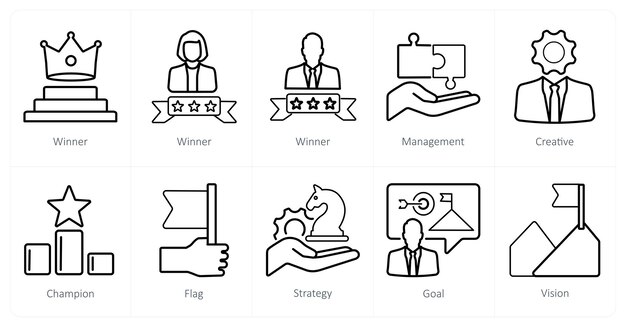 Un conjunto de 10 íconos de liderazgo como creativo de gestión ganador