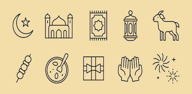 Un conjunto de 10 iconos de línea relacionados con Eid alAdha