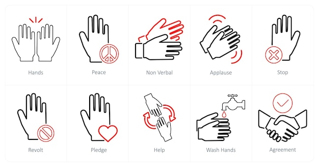 Un conjunto de 10 íconos de manos como manos de paz no verbales