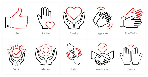 Un conjunto de 10 íconos de manos como una promesa de caridad