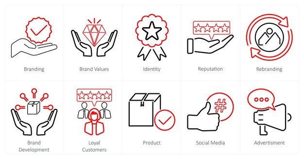 Un conjunto de 10 iconos de marca como identidad de valores de marca de marca