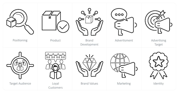 Un conjunto de 10 iconos de marca como posicionamiento de desarrollo de marca de producto