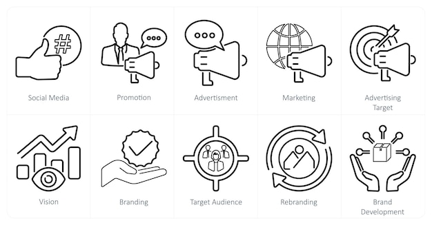 Un conjunto de 10 iconos de marca como publicidad de promoción en las redes sociales