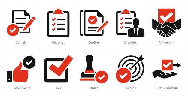 Un conjunto de 10 iconos de marca de comprobación como cumplir con la lista de comprobación de confirmación