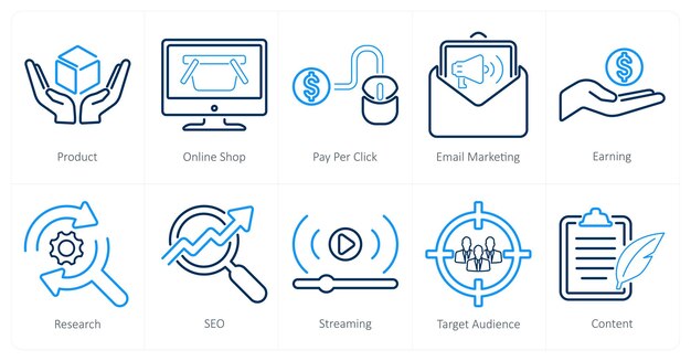 Un conjunto de 10 iconos de marketing digital como producto de la tienda en línea de pago por clic