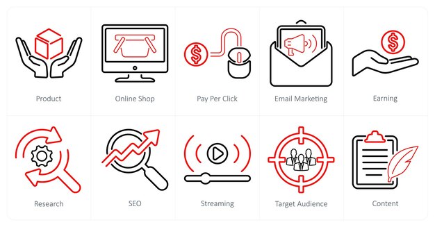Un conjunto de 10 iconos de marketing digital como producto de la tienda en línea de pago por clic