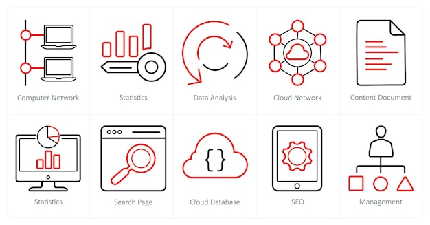 Un conjunto de 10 iconos de marketing web como análisis de datos estadísticos de redes informáticas