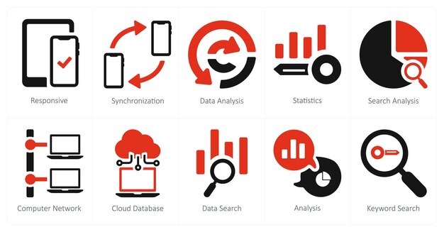 Un conjunto de 10 iconos de marketing web como análisis de datos de sincronización receptivo