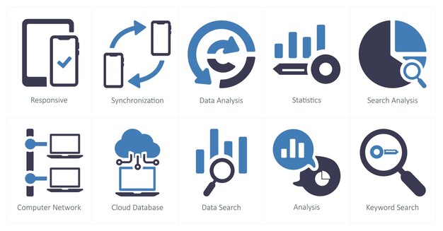 Un conjunto de 10 iconos de marketing web como análisis de datos de sincronización receptivo