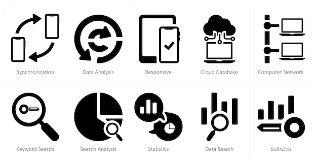 Un conjunto de 10 iconos de marketing web como análisis de datos de sincronización responsivo