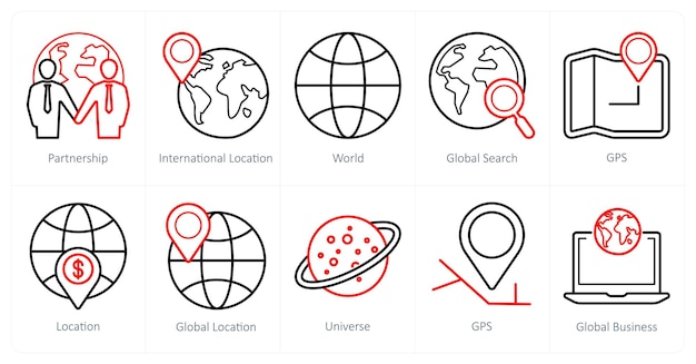 Un conjunto de 10 íconos de marketing web como asociación ubicación internacional mundo