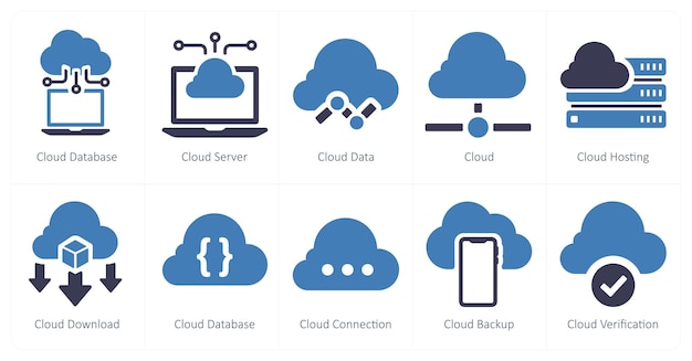 Un conjunto de 10 iconos de marketing web como base de datos en la nube servidor en la nube de datos