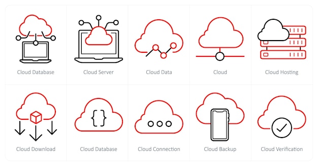Un conjunto de 10 iconos de marketing web como base de datos en la nube servidor en la nube de datos
