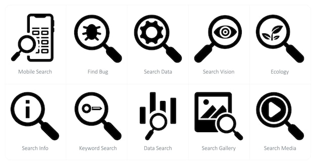 Un conjunto de 10 iconos de marketing web como búsqueda móvil para encontrar datos de búsqueda de errores