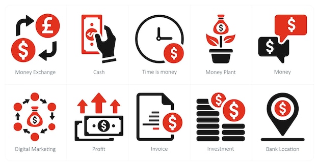 Un conjunto de 10 íconos de marketing web como cambio de dinero en efectivo el tiempo es dinero