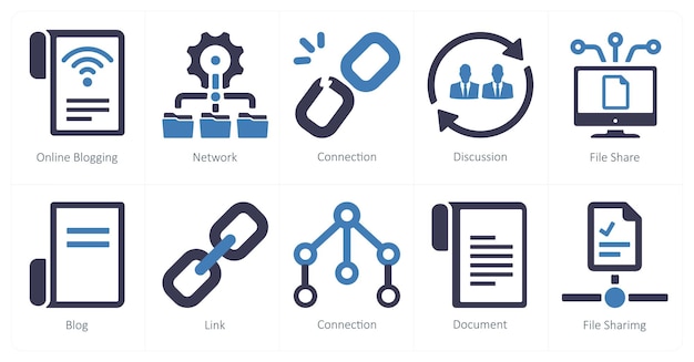 Un conjunto de 10 iconos de marketing web como conexión de red de blogs en línea