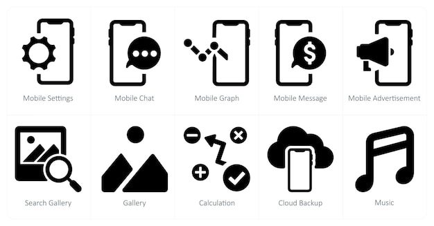 Un conjunto de 10 iconos de marketing web como configuraciones móviles chat móvil gráfico
