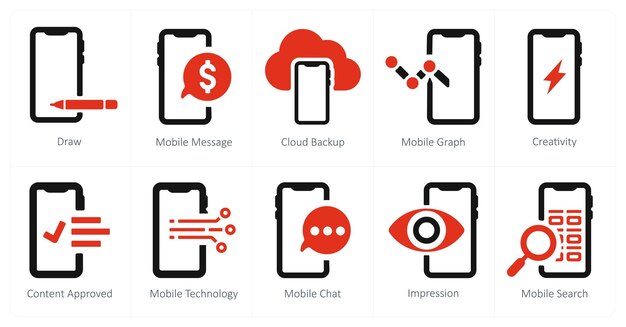 Un conjunto de 10 iconos de marketing web como copia de seguridad de mensajería móvil en la nube
