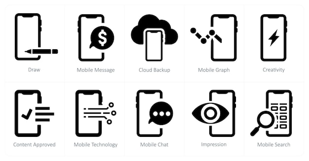Un conjunto de 10 iconos de marketing web como copia de seguridad de mensajería móvil en la nube
