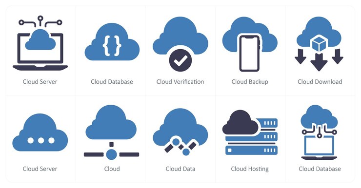 Vector un conjunto de 10 iconos de marketing web como copia de seguridad en la nube de la base de datos de servidor en la nube
