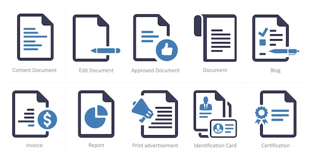 Un conjunto de 10 iconos de marketing web como documento de contenido, documento de edición y documento aprobado